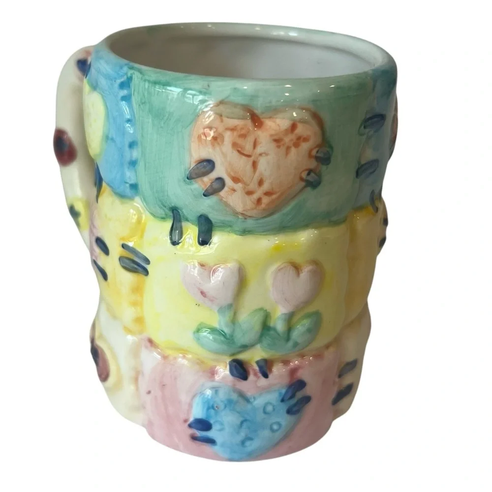 Quilted Hearts Patchwork 3D Mug Hand Painted Pastel Ceramic‎ Coffee Cup Granny